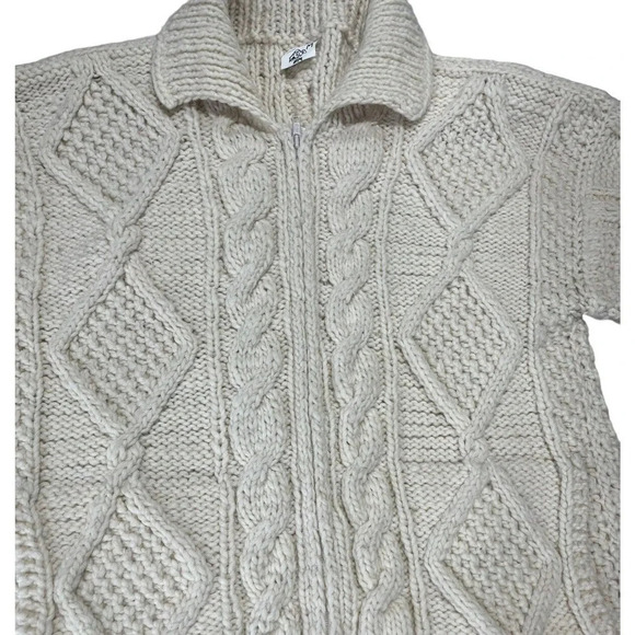 Vintage Ice Ame Full Zip Chunky Sweater Cardigan Ivory Hand Knit Size Large - Picture 8 of 11